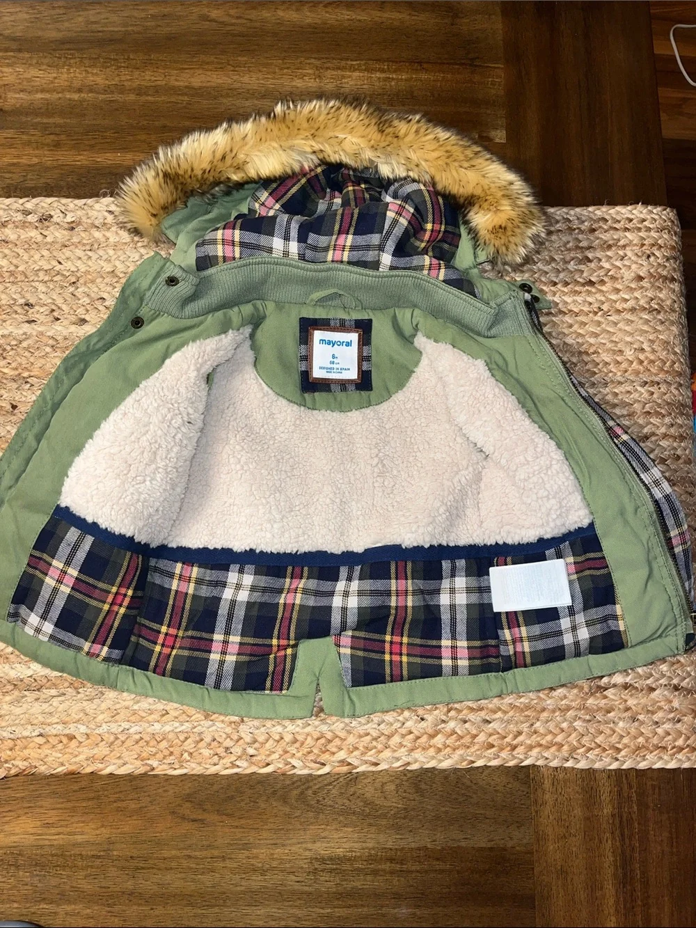 Mayoral Sage Green Hooded  Coat with Faux-Fur Trim size 6m